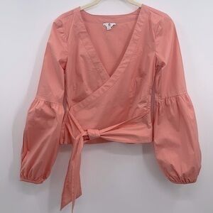 G by Guess pink long Sleeve faux wrap blouse XS